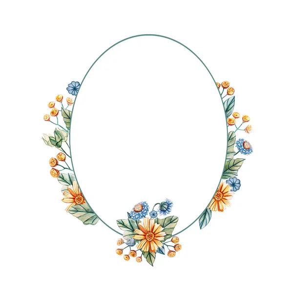 Floral oval frame of watercolor wildflowers. — Stock Photo, Image