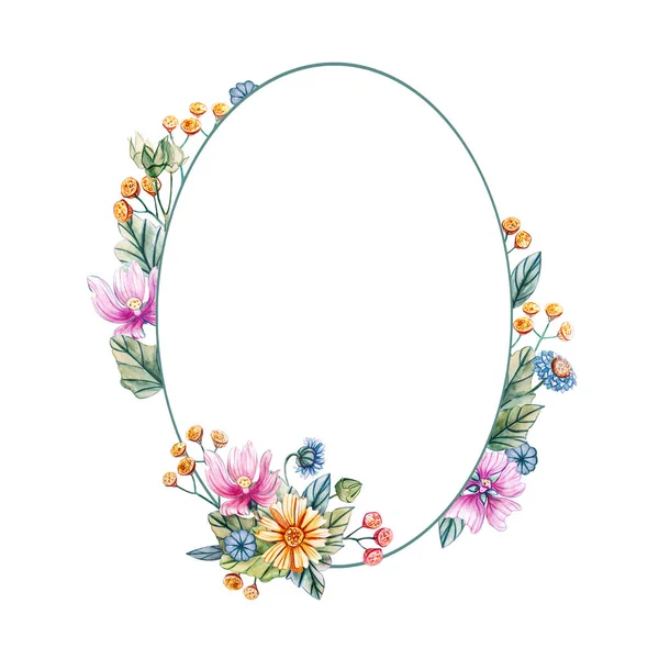 Floral oval frame of watercolor wildflowers. — Stock Photo, Image