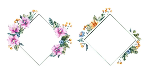 Квіткова квадратна рамка з акварельних диких квітів . — стокове фото