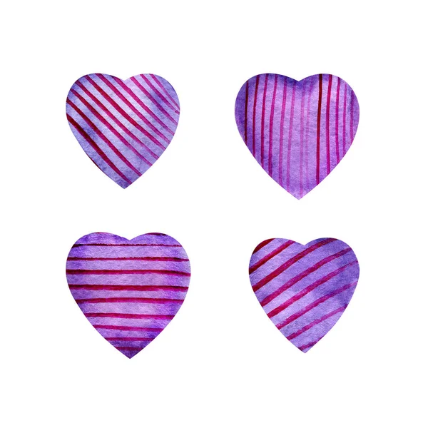 수채화로 된 보라색 심장 세트. — 스톡 사진