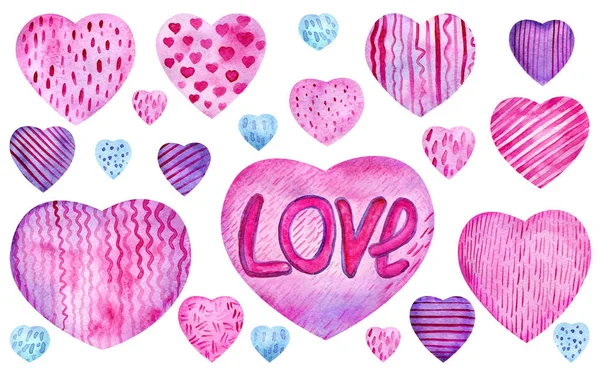 Набір акварельних рожевих і фіолетових сердець . — стокове фото