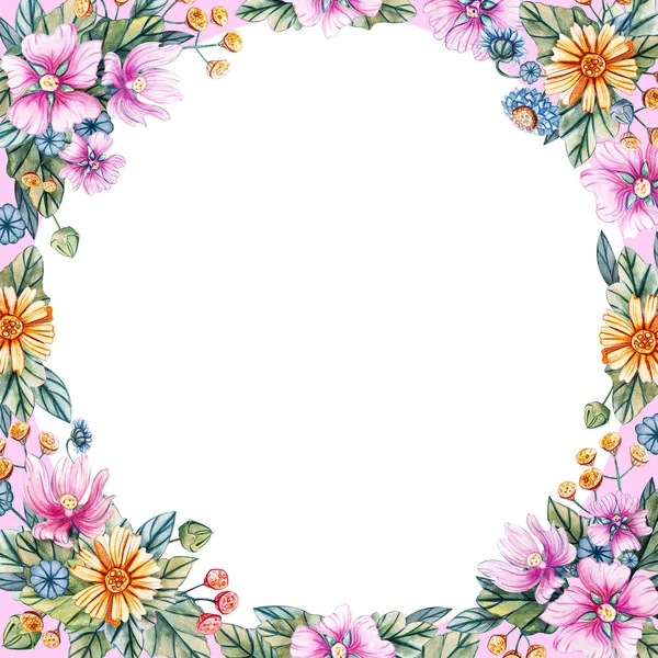 Floral square frame of watercolor wildflowers. — Stock Photo, Image