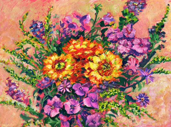 Still life of wildflowers. Acrylic painting. — Stok fotoğraf