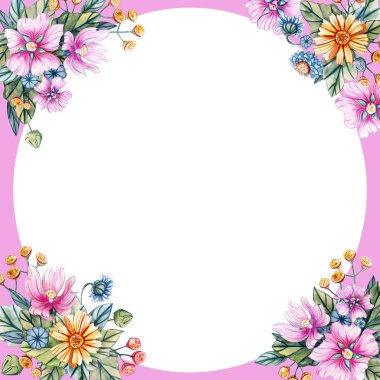 Suluboya kır çiçekleri çiçek kare çerçeve.