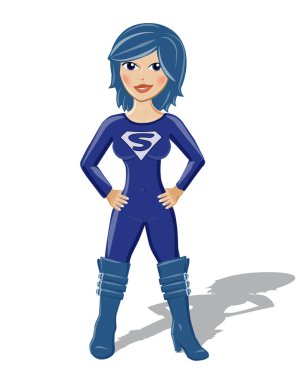 Supergirl süper kahraman kadın mavi reklam karikatürü çiziyor.