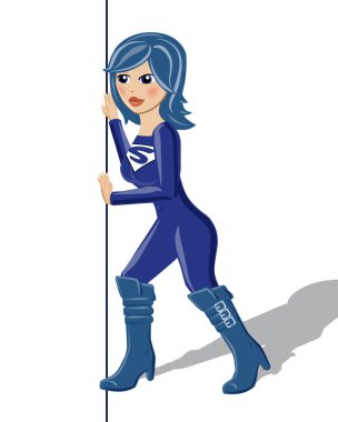 Supergirl süper kahraman kadın mavi reklam karikatürü çiziyor.