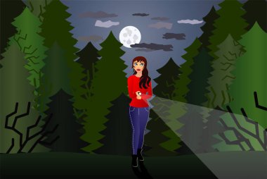 frightened girl walking home alone in forest clipart
