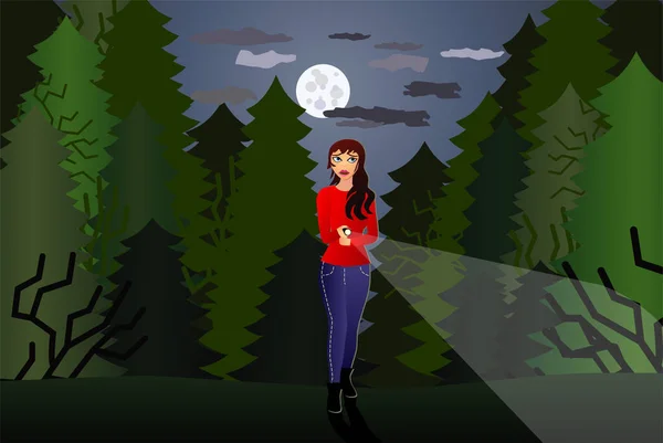 Rädd flicka gå hem ensam i skogen — Stock vektor