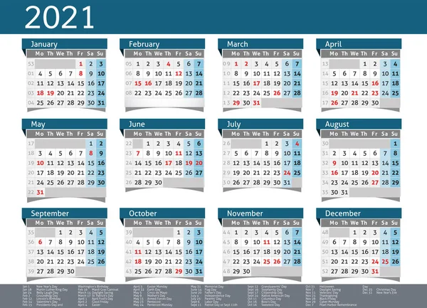 2021 calendar USA planner pocket business year vector — Stock Vector