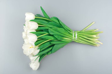 Gri arka planda bir buket beyaz lale. Bahar çiçekleri Tatil için bir buket çiçek. Yakın çekim üst manzara. doğal arkaplan