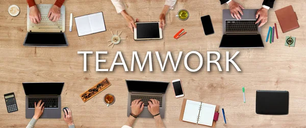 Teamwork Konzept Flache Lage Menschen Tisch Arbeiten Als Team Die — Stockfoto