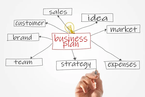 Business Plan Concept Hand Draws Infographics Words Strategy Brand Customer — Stock Photo, Image