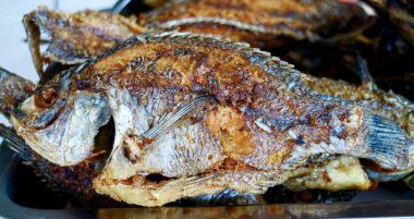 Kızarmış Mozambik tilapia balığı. Yemek hazır..