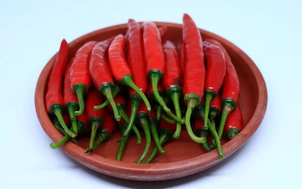 Chili Peppers Pottery Plate White Background — Stock Photo, Image
