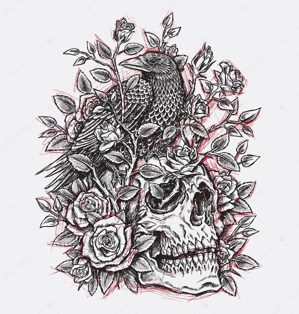 Sketchy Crow, Roses and Skull Tattoo Design Linework