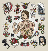 Tattoo flash készlet. Elszigetelt tetoválás csípő ember és a különböző tetoválás képek.