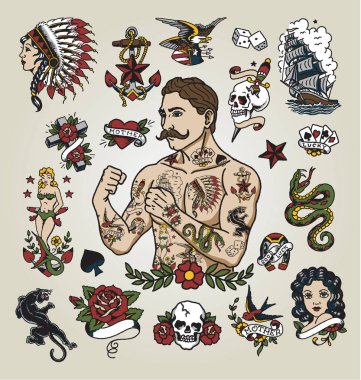 Tattoo flash set. Isolated tattoo hipster man and various tattoo images. clipart