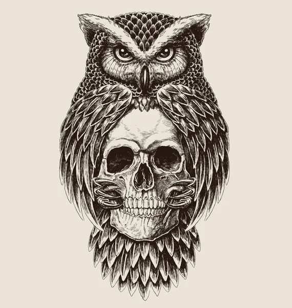 Elaborate drawing of Owl holding skull — Stock Vector