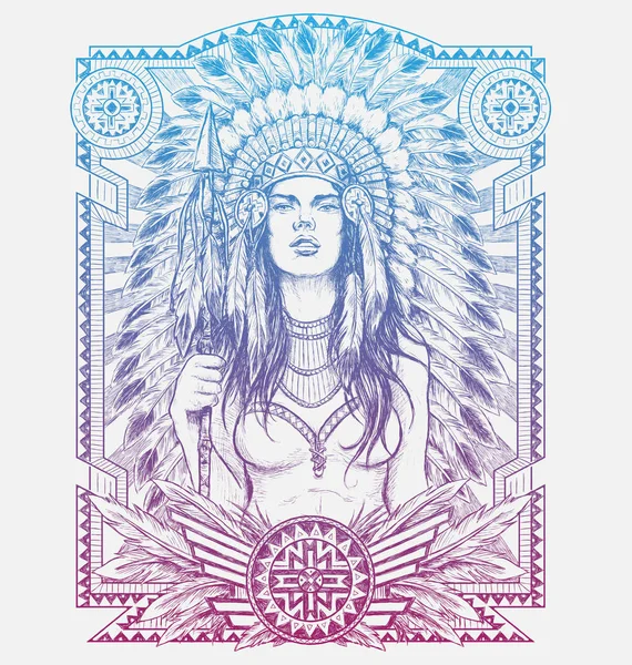 Native American Woman Warrior com moldura tribal. Ilustração vetorial para camisetas — Vetor de Stock