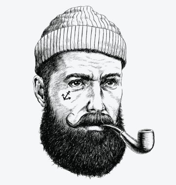 El çizimi klasik hippi denizci kalın sakallı ve piposu olan