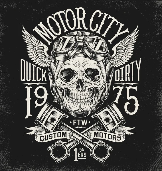 Ilustrované Motocykl Lebka Přilbou Brýlemi Vintage Typografie Rozvržení — Stockový vektor