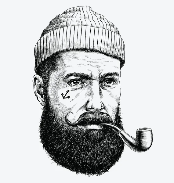 Ручной Рисунок Винтажный Хипстер Матрос Толстой Бородой Трубой — стоковый вектор