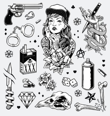 Sinirli siyah ve beyaz Tattoo Flash Set