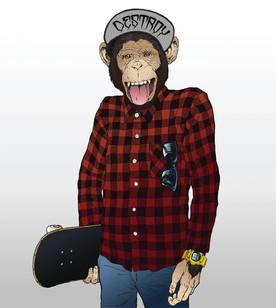 Opičí Bruslař Hipster Ilustrace — Stockový vektor