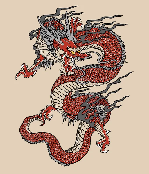 Japanese Red Dragon Tattoo Illustration Full Color Vector Art — Stock Vector