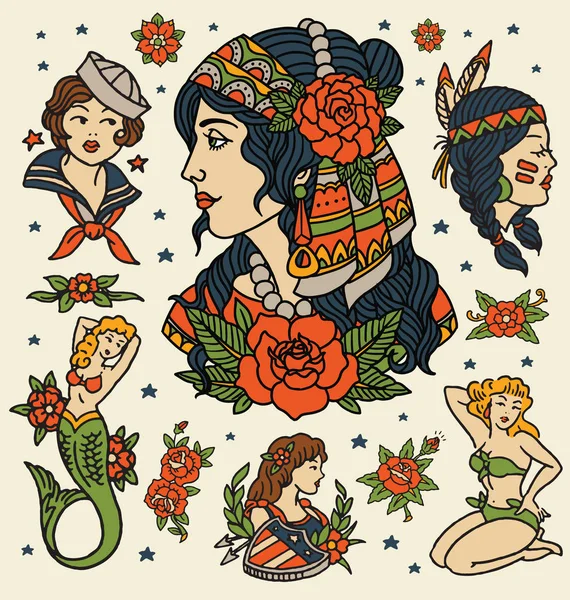 Set Mujeres Tatuaje Flash Aislado Los Vectores Clásicos Del Tatuaje — Archivo Imágenes Vectoriales