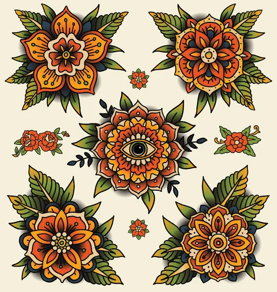 Flores Tatuaje Decorativas Tradicionales Conjunto Ilustraciones Vectoriales Aisladas — Vector de stock