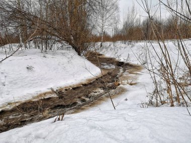 Mountain brook kış zaman bir kaya ile.