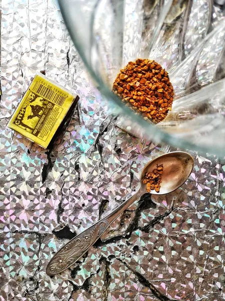 Köstlicher Und Aromatischer Kaffee Glasbechern Ein Löffel Instant Kaffee Zucker — Stockfoto