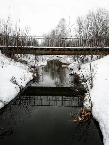 Mountain brook kış zaman bir kaya ile.