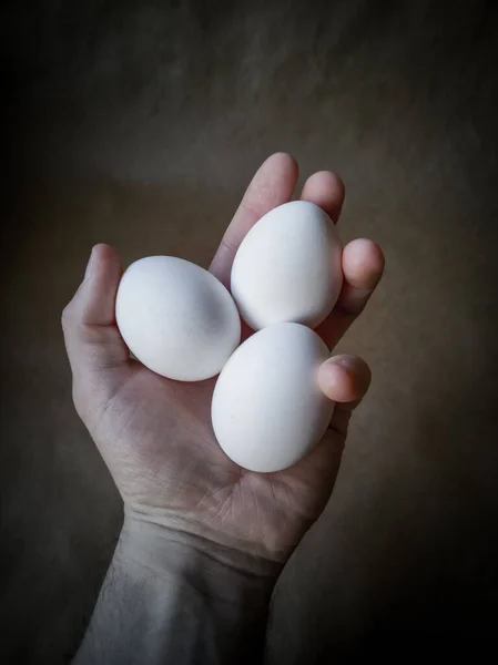 Çiğ tavuk yumurtalarının yakından görüntüsü. Koyu arkaplanda yumurtalar
