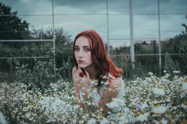Young girl in a field of white flowers