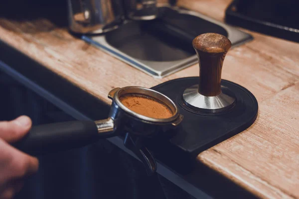 Tempering Temper Hands Barista Process Making Coffee — 스톡 사진