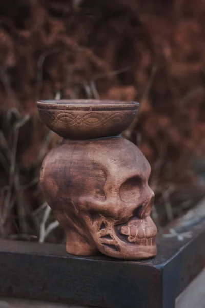 Skull Shaped Clay Bowl Nature Background — Stock Photo, Image