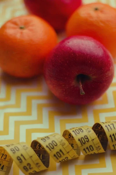 Pomeranče Jablka Metr Dieta Správná Výživa — Stock fotografie