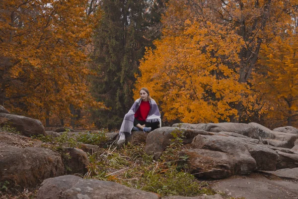 Молодая Женщина Осеннем Лесу Путешественник Красном Свитере — стоковое фото