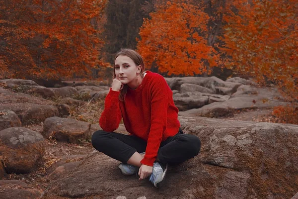 Jovem Mulher Floresta Outono Viajante Uma Camisola Vermelha — Fotografia de Stock
