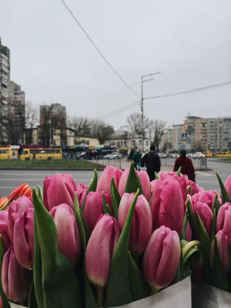 Wielokolorowe Tulipany Półkach Bukiety Prezent Święta — Zdjęcie stockowe