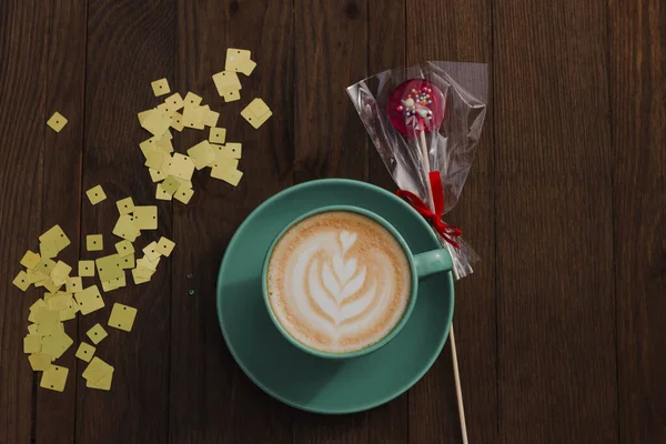 Indeling Met Koffie Lolly Een Cappuccino Bloem Getekend Koffie Vlakke — Stockfoto