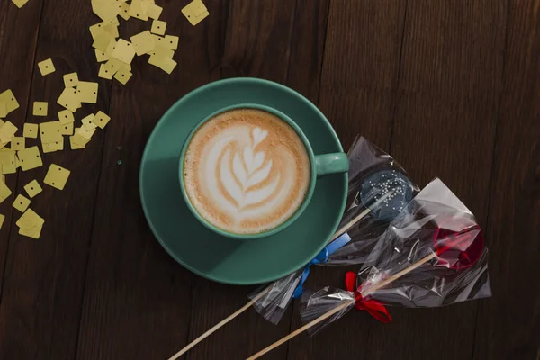 Indeling Met Koffie Lolly Een Cappuccino Bloem Getekend Koffie Vlakke — Stockfoto