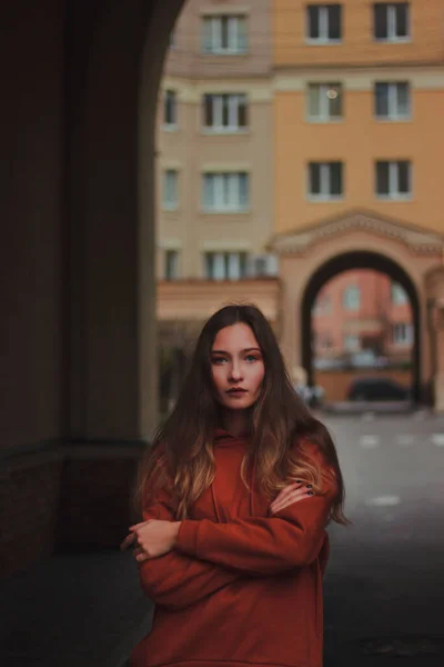 Portrait Beautiful Pensive Woman Orange Hoodie — Stock Photo, Image