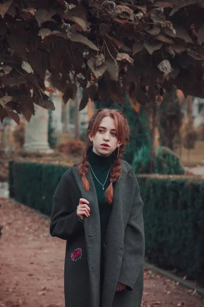 Πορτρέτο Ενός Όμορφου Κοριτσιού Κοτσίδες Ένα Φθινοπωρινό Πάρκο Γυναίκα Παλτό — Φωτογραφία Αρχείου
