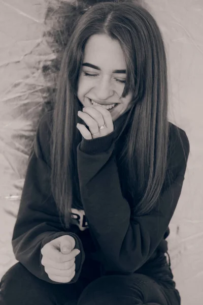 Black White Portrait Young Smiling Woman — Stock Photo, Image