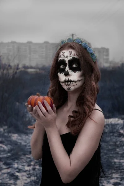 Mädchen Mit Zuckerschädel Make Idee Für Ein Fotoshooting Halloween — Stockfoto