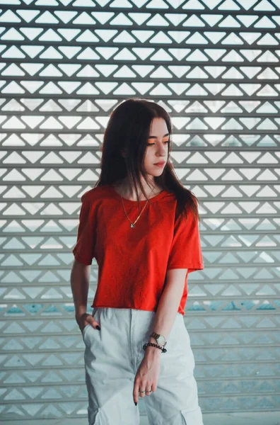 Retrato Uma Menina Elegante Elegante Estacionamento Menina Uma Camiseta Vermelha — Fotografia de Stock