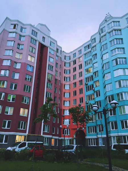 Modern residential building. Colorful residential buildings. Street